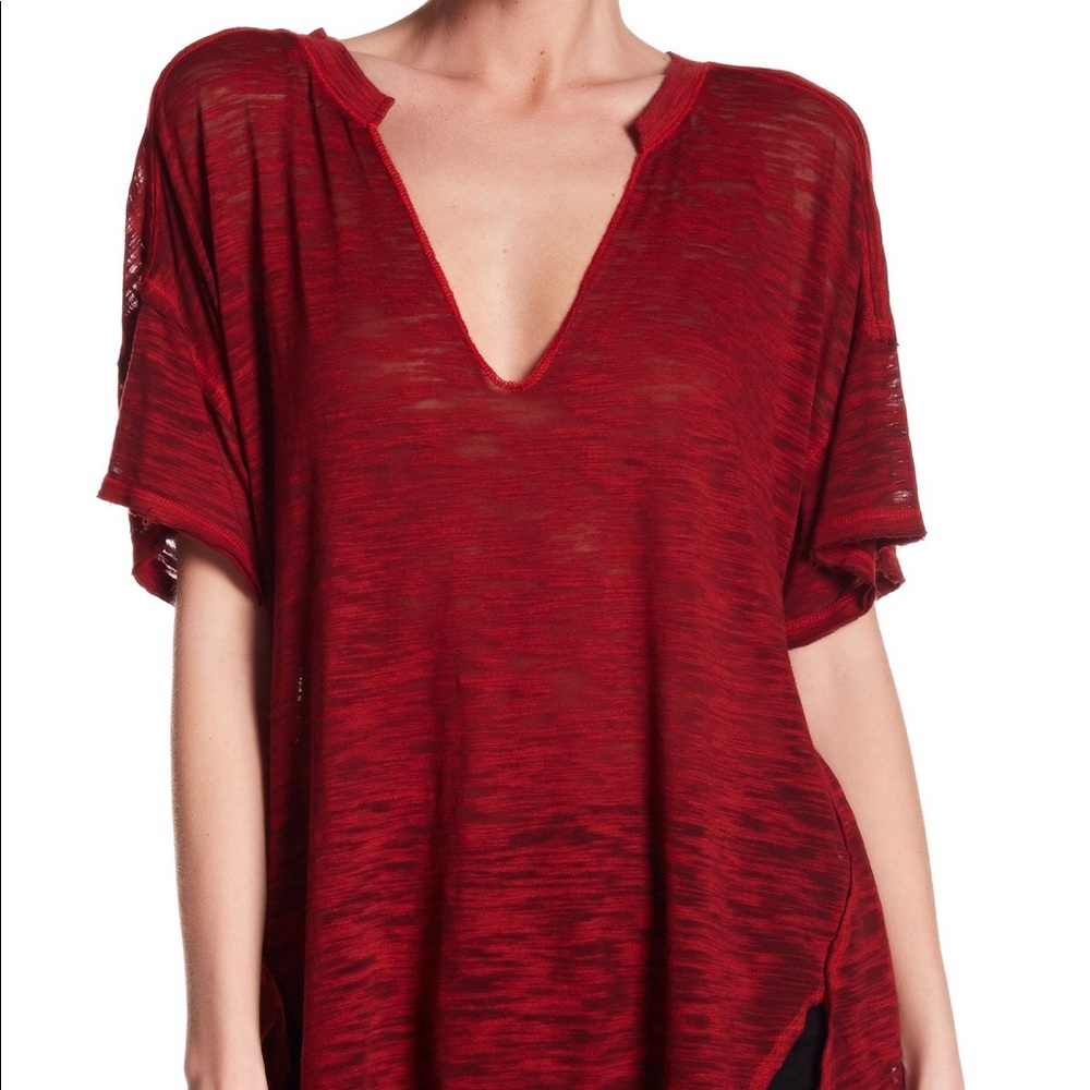 Free People Red Burnout V Neck Tee Size S